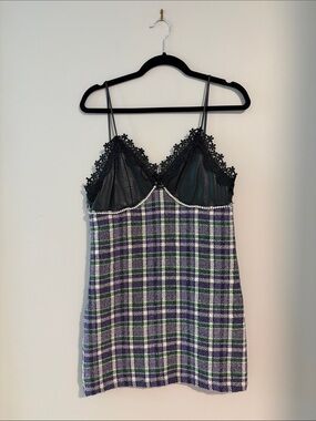 Lace-Trim Plaid Slip Dress in Purple & Black